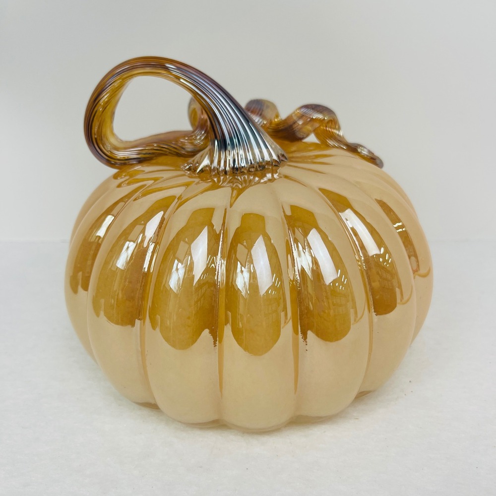 Amber Iridescent Hand Blown Art Glass Pumpkin with Twisted Stem Fall Decor 6"